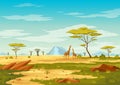 African savannah landscape, wild nature of Africa, cartoon background with green tree, rocks and plain grassland field Royalty Free Stock Photo