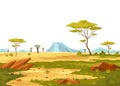 African savannah landscape, wild nature of Africa, cartoon background with green tree, rocks and plain grassland field Royalty Free Stock Photo