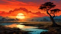 The African savannah at the morning sun, with the tranquil river. Generative AI