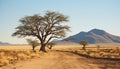 African savannah, tree, sand, grass, mountain, blue generated by AI