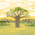 African savannah. Vector baobab tree. Reserves and national parks outdoor. Bright hand draw vector Illustration with tree,