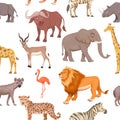 African Savannah Wild Animal Seamless Pattern. Lion, Rhino, Zebra, Buffalo, Giraffe, Flamingo, Leopard, Gazelle