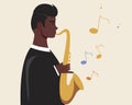 African saxophonist isolated as concept of black history month, afro people achievements, flat vector stock illustration with