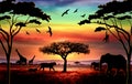 African scenery with animals silhouettes and sunset