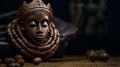 African Sculpture And Wooden Basket: Cinematic Mood, Queencore, Wealthy Portraiture