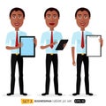 African smiling business cartoon man standing with tablet concept flat vector isolated on white