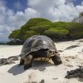 African spurred tortoise (Geochelone sulcata) on a tropical beach in Seychelles