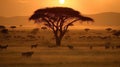 African Sunset with Acacia Trees and Grazing Wildlife in the Savannah