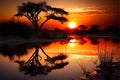 African sunset with acacia trees and reflection in water, South Africa Royalty Free Stock Photo