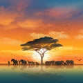 african sunset with african elephants and giraffes in the background