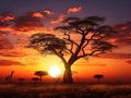 Ai Generated illustration Wildlife Concept of African sunset Baobab Giraffe Royalty Free Stock Photo