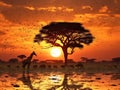 Ai Generated illustration Wildlife Concept of African sunset Baobab Giraffe Royalty Free Stock Photo