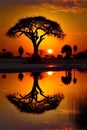 African sunset with baobab tree and reflection in water, Africa Royalty Free Stock Photo