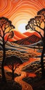 African Sunset: Dark Orange And Silver Art Nouveau Painting