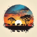 an african sunset with elephants and giraffes in the background