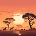 african sunset with giraffes and zebras in the background