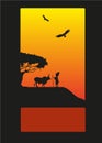 African sunset, lonely shepherd near a tree, buffalo and two eagles in the sky Royalty Free Stock Photo