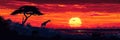 African sunset panoramic background with silhouette of the animals Royalty Free Stock Photo