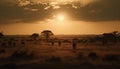 African sunset, savannah plain, acacia tree, wildlife herd grazing generated by AI