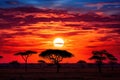 African sunset in Serengeti National Park, Tanzania, Africa, Sunset in savannah of Africa with acacia trees, Safari in Serengeti Royalty Free Stock Photo