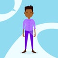 African teen boy character grieved hold phone male violet suit template for design work and animation on blue background Royalty Free Stock Photo