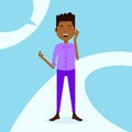 African teen boy character happy phone call male violet suit template for design work and animation on blue background Royalty Free Stock Photo