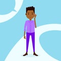African teen boy character serious phone call male violet suit template for design work and animation on blue background