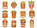 African tiki mask. Ethnic masks, totem hawaii or maya tribes. Wooden warrior gods faces, ornamental tribal aztec idols