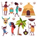 African traditional element. Cartoon tribal items, national wear, dwelling hut, decorative deity mask, palm tree