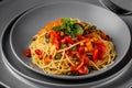 African traditional Spaghetti pasta with spicy sauce and vegetable Royalty Free Stock Photo