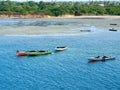 African traditional wooden boats in harbor near the coast with mangrove on background. Dar Es Salaam.
