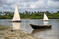 African traditional wooden fishing boats. Dhow Boats with the Sails and moored Canoe near the Coast Royalty Free Stock Photo