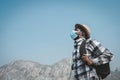 African traveler is wearing protective mask travel around mountain