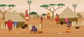 African tribal ethnic village with huts and people flat vector illustration. Royalty Free Stock Photo