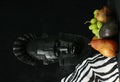 African Tribal Mask, zebra skin, and fruit