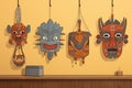 african tribal masks hanging on a wall Royalty Free Stock Photo