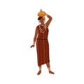 African tribal woman carrying vase or pitcher on head. Young female member of aboriginal tribe wearing ethnic clothes