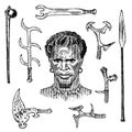 African tribe with spears and weapons, portrait of Aborigine in traditional costume. Australian Warlike black native man