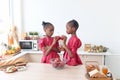 African twin girl sister with curly hair braid African hairstyle eating red apples in kitchen. Happy smiling kid sibling eating Royalty Free Stock Photo