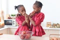 African twin girl sister with curly hair braid African hairstyle eating red apples in kitchen. Happy smiling kid sibling eating Royalty Free Stock Photo