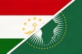 African Union and Tajikistan, national flag from textile. Africa continent vs Tajikistani symbol