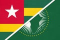 African Union and Togo national flag from textile. Africa continent vs Togolese symbol