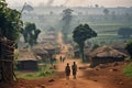 An African village. People walking along the road in Africa