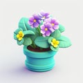 African Violet 3d Icon With Cyan Flower In Cartoon Style