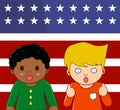 African and White American standing together infront for USA flag for Race unity concept
