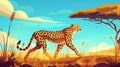 African wild cat with spotted fur savannah cheetah walking. Modern cartoon illustration of safari park setting with a Royalty Free Stock Photo