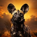 African wild dog Lycaon pictus walking in the water on the road. Hunting painted dog with big ears beautiful wild anilm in hab