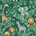 African Wildlife Illustration Featuring Giraffe, Elephant, Lion, Zebra among Lush Foliage Royalty Free Stock Photo