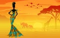 African woman background, sunset in Africa with the silhouettes of acacia tree, giraffe, elephant and flamingo. Batik  savannah Royalty Free Stock Photo