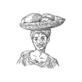 African woman carries a basket with baobab fruits on her head. Vector vintage engraved illustration isolated over white Royalty Free Stock Photo